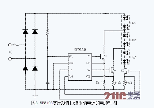 BP5108高压线性恒流驱动电源的电原理图