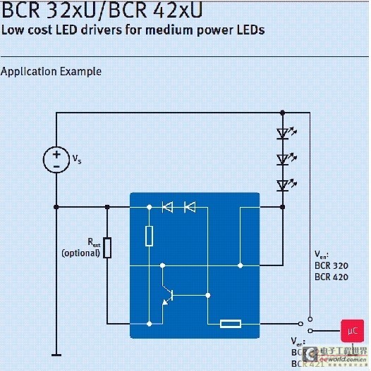 适用于*率LED的低成本LED驱动器应用电路。